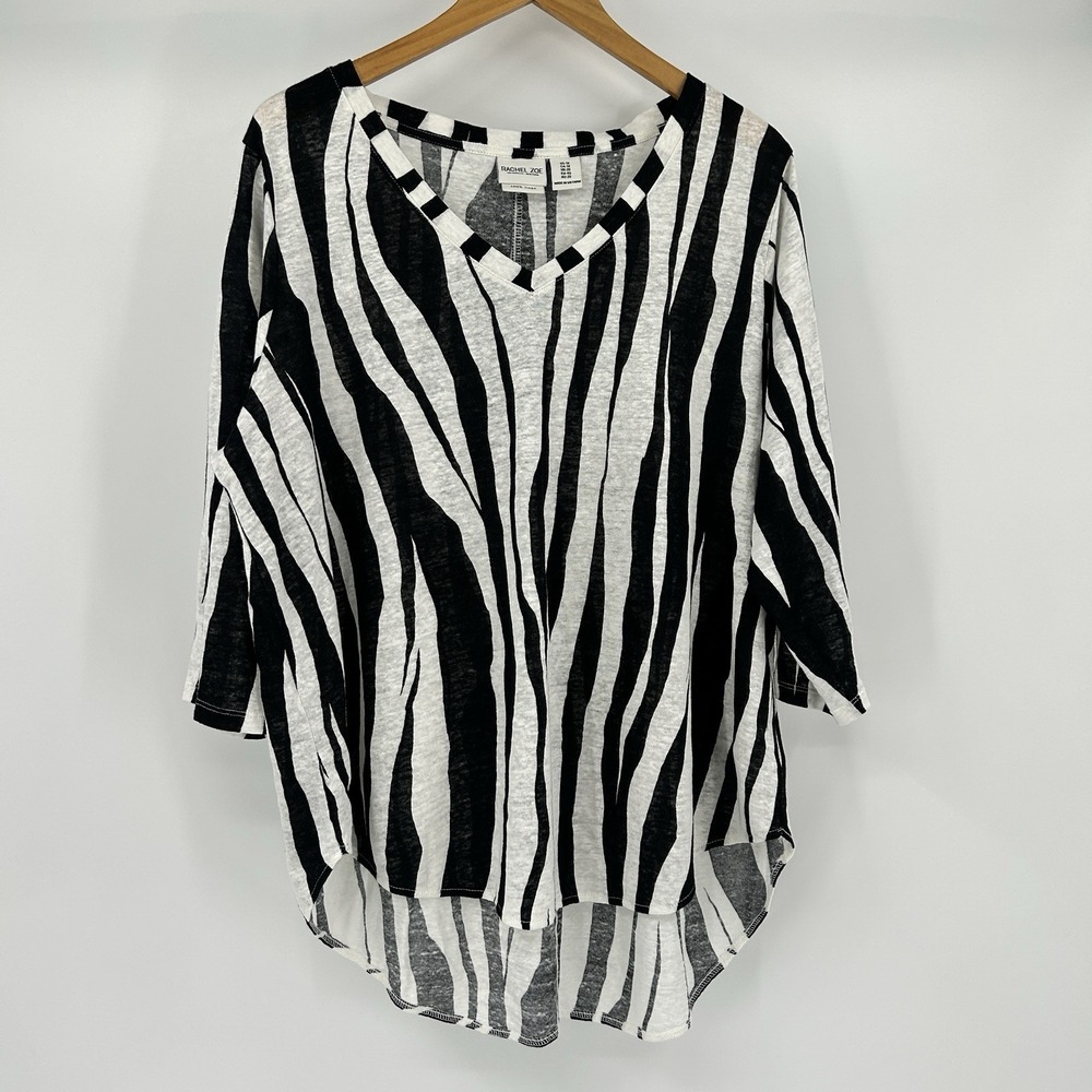 Rachel Zoe 100% Linen Zebra Print Popover Womens 1X Coastal Lagenlook 3/4 Sleeve